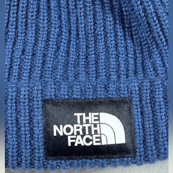 The North Face Blue Winter Beanie Winter Hat Ribbed Cotton Wool Front Logo - Picture 3 of 7